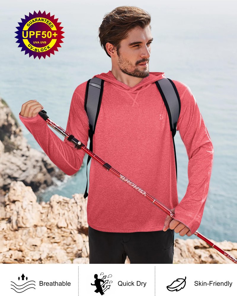 Roadbox Mens UPF 50+ Fishing Shirts, Long Sleeve UV Sun Hoodie, Hiking Running Swim Athletic Workout Shirt
