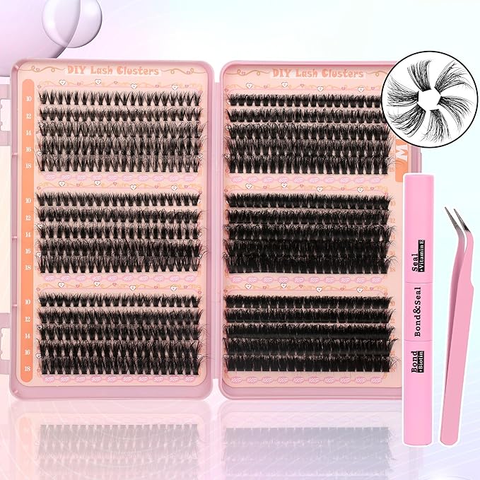 Fluffy Lash Clusters Kit Wispy Lash Clusters 595Pcs Individual Lashes Clusters Thin Band Lash Extension Kit Lash Glue and Lash Tweezers