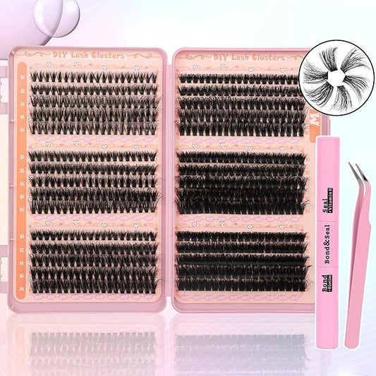 Fluffy Lash Clusters Kit Wispy Lash Clusters 595Pcs Individual Lashes Clusters Thin Band Lash Extension Kit Lash Glue and Lash Tweezers