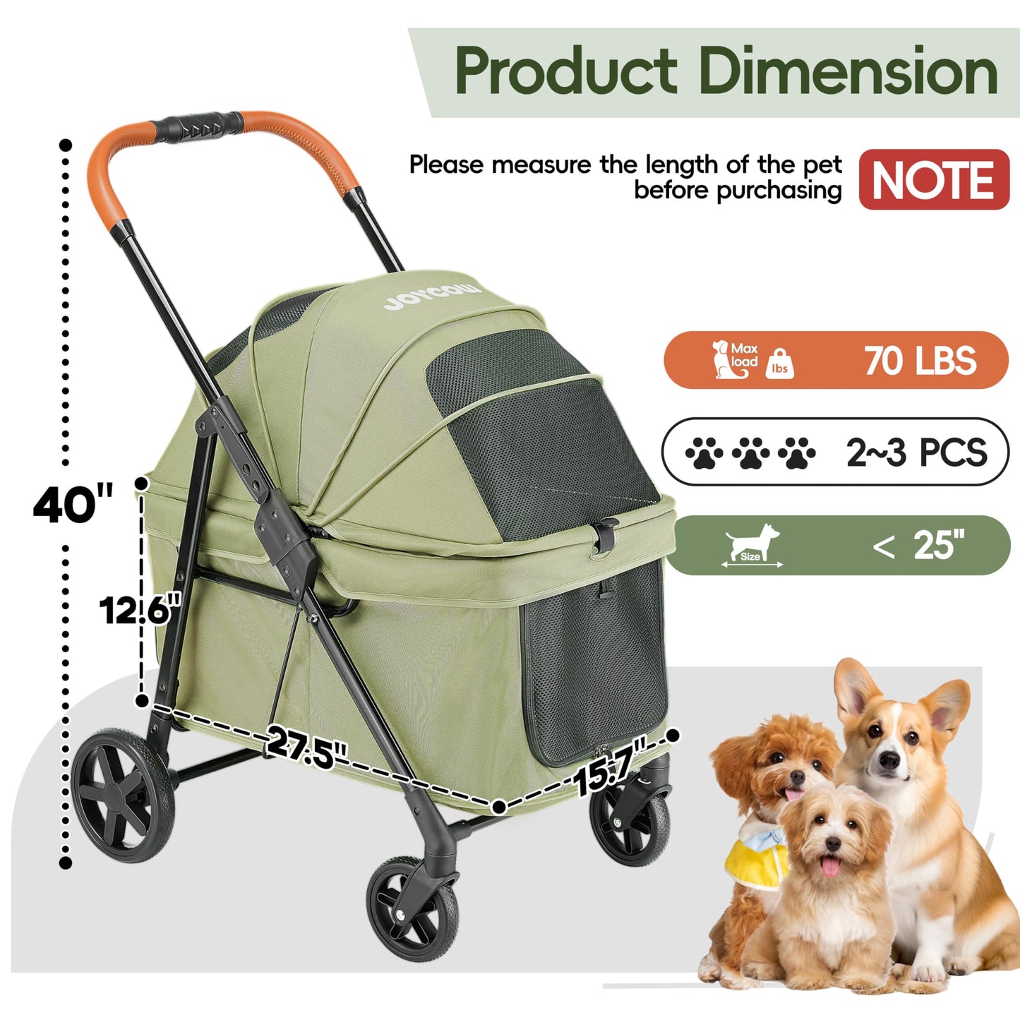 JOYCOW Dog Stroller for 2 Small Dogs or 1 Medium Pet, Low-Entry Design with Anti-Jump-Out, 600D Oxford Fabric, Up to 70 lbs, Green
