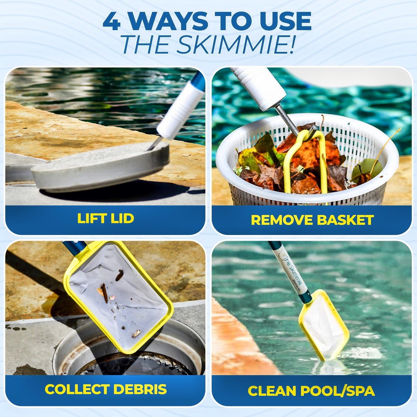 The Skimmie (Long Version) Pool Skimmer Net & Pole 53" with Stainless Steel Hook, Two Skimmer Basket Handles, Fine Mesh Net & Skimmie Dip - Hands-Free Removal of Debris, Bugs, Frogs, Small, Animals