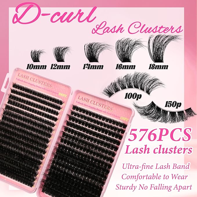 Lash Clusters Kit 560Pcs Cluster Eyelash Extensions Volume 100D 150D Eyelash Clusters D Curl Lashes Clusters DIY Individual Lash Clusters Eyelash Glue Lash Tweezers
