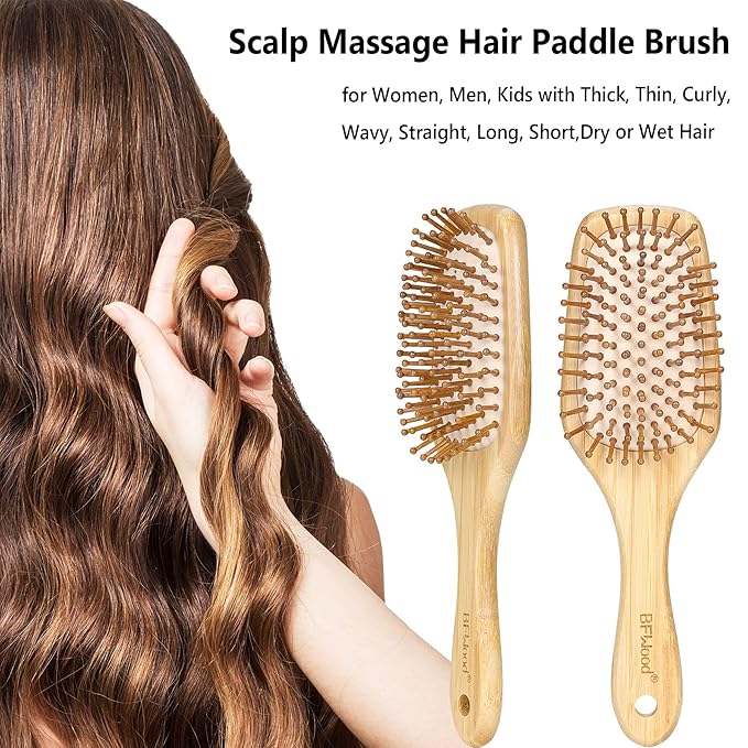 Bamboo Hair Brush with Paddle, Rounded Wood Bristles for Detangling and Gently Massaging Scalp by BFWood, Reduces Frizz and Static