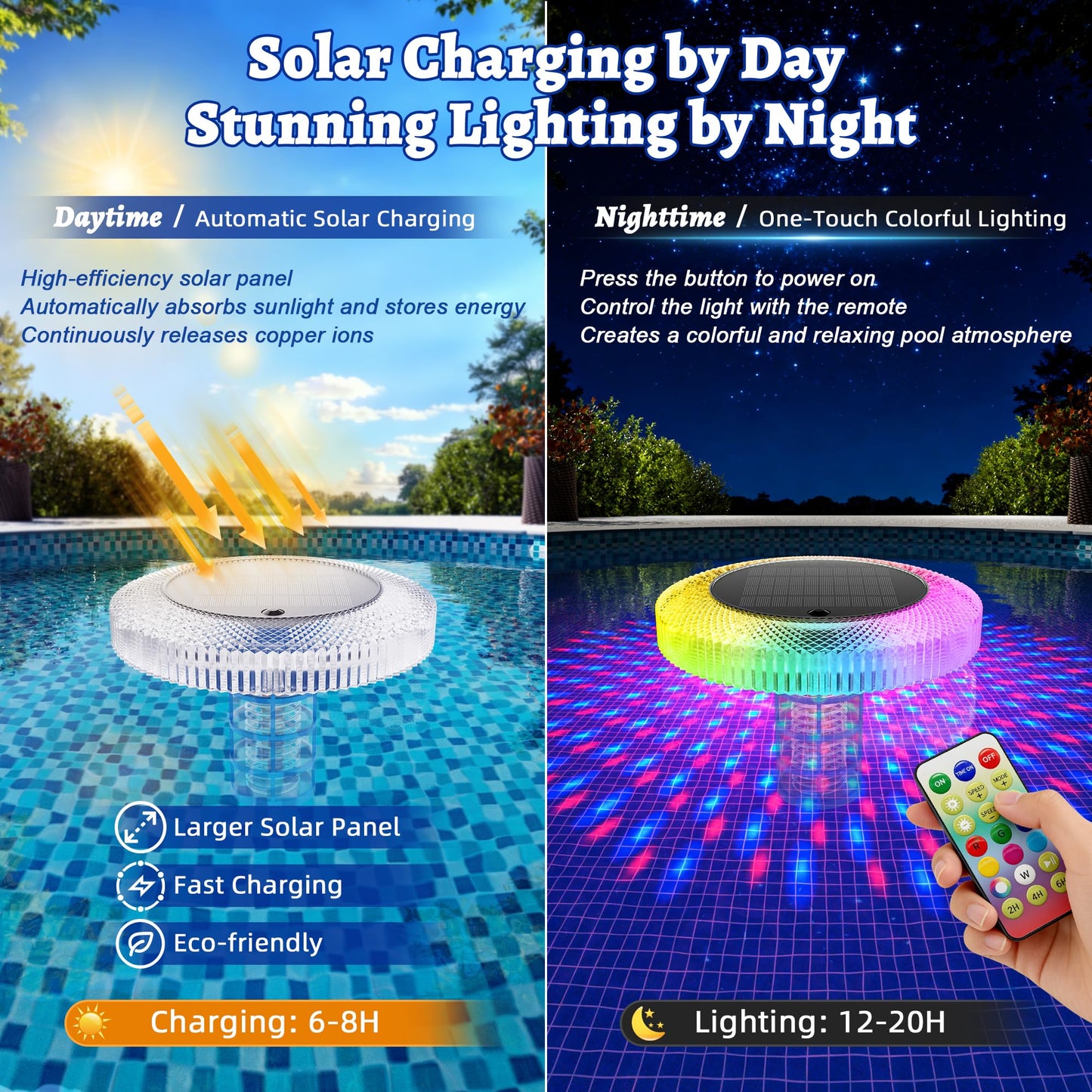 Solar Pool Ionizer Floating Lights: Copper Ionizer with LED Solar Powered Outdoor Waterproof Lighting RGB Color Changing Light with Remote Control for Above Ground Inground Swimming Pool Party Spa