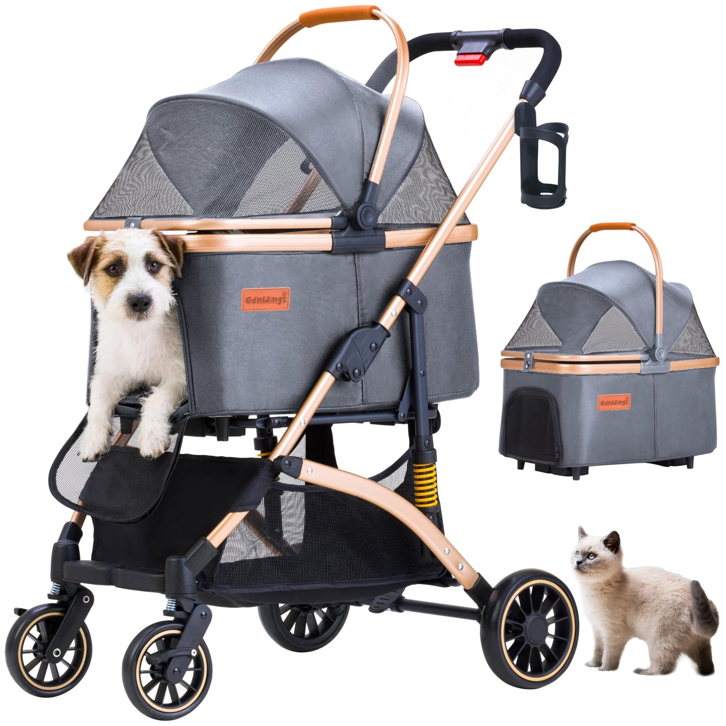 GdnWings Pet Stroller for Small Dogs, Lightweight Small Dog Stroller for Dogs Cats with 6 Shock Absorption System, Detachable Carrier Suitable for Car Seat & Hand Carry, Safe Outings, Gray