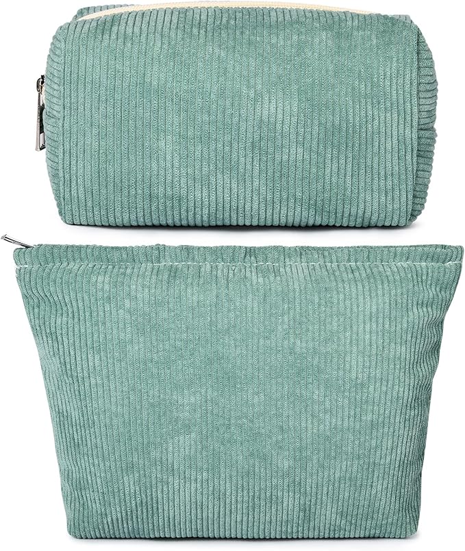 SOIDRAM 2 Pieces Makeup Bag Large Corduroy Cosmetic Bag Capacity Canvas Mix Travel Toiletry Bag Organizer Cute Makeup Brushes Aesthetic Accessories Storage Bag for Women, Corduroy Mix Green