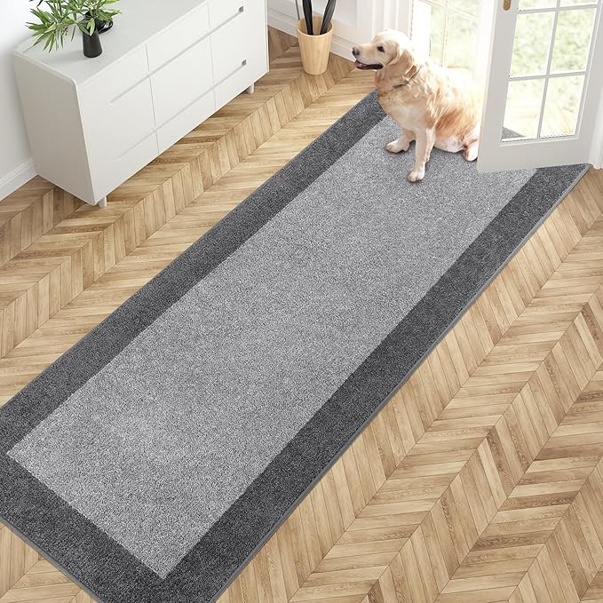 PURRUGS Dirt Trapping Door Mat 32" x 84", Non-Slip Washable Entry Mat, Dog Doormat, Front Door Mat, Super Absorbent Entrance Mat for Muddy Shoes & Paws, Light Grey & Grey
