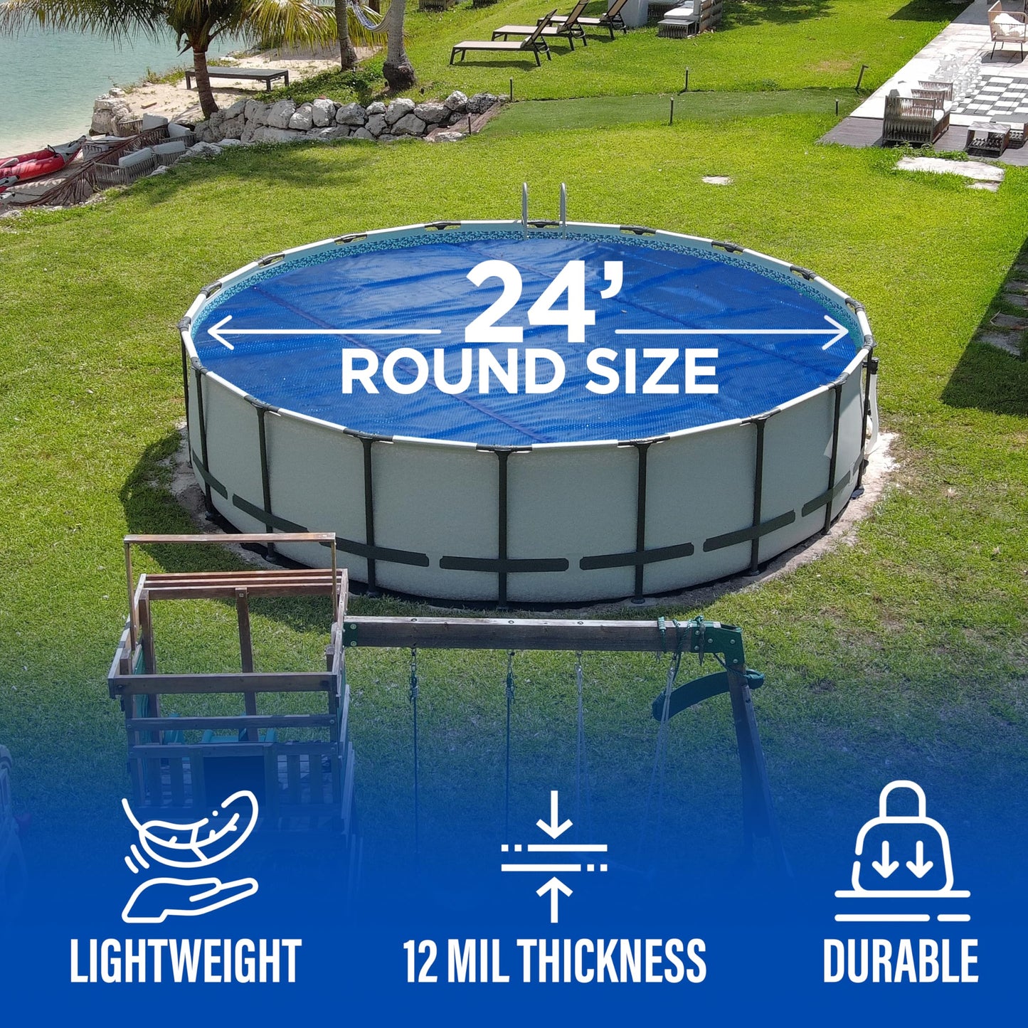 24 Foot Round Solar Cover for Inground and Above Ground Pools, 12 Mil - Premium Heavy Duty Solar Blanket for Above Ground Pool, Blue - Made in USA