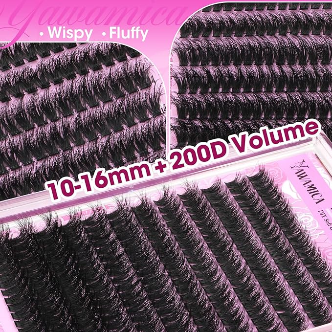 200D Volume Lash Clusters 10-16mm Wispy Eyelash Clusters Fluffy Cluster Eyelash Extensions D Curl Individual Lashes DIY Wearable Lash Extension by Yawamica