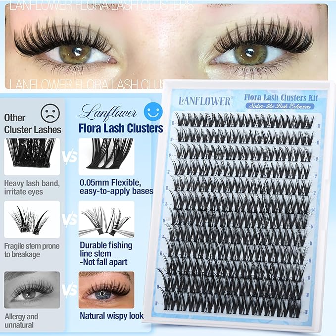Flora Lash Clusters Kit Wispy Cluster Eyelash Extensions Natural Lash Extension Kit CD Curl Eyelash Clusters Kit Manga Cluster Lashes Thin Band Individual Lashes by Lanflower