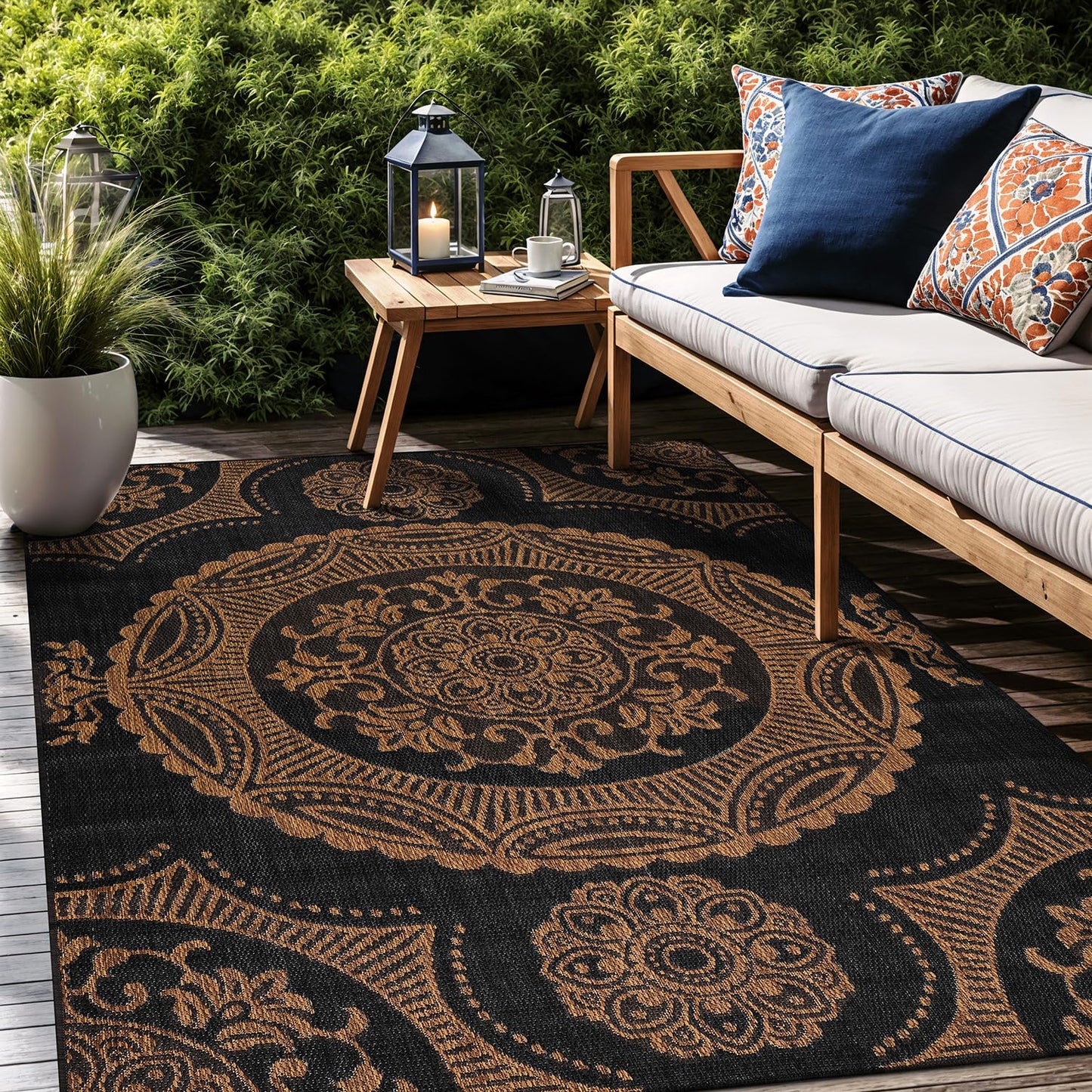 LuuL Home Medallion Outdoor Rug 10x14 Washable Outside Carpet for Indoor Patio Porch Waterproof Easy Cleaning Non Shedding Area Rugs Nut Brown 10 x 14