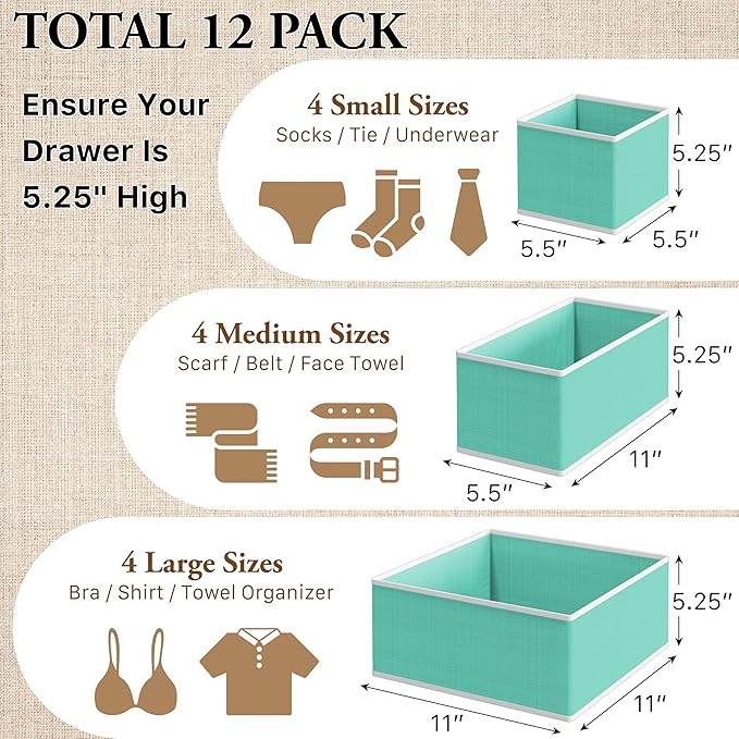 Simple Houseware Foldable Drawer Organizer for Clothes/Underwear/Panty/Onesie Stocking Bin, Set of 12, Turquoise