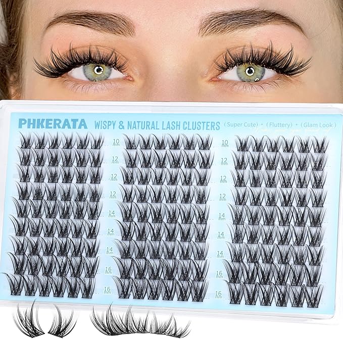 PHKERATA Natural Eyelash Clusters C Curly Lash Clusters Wispy Cluster Eyelash Extensions 180pcs Individual Lashes Extension with Soft Thin Band, 10-16mm