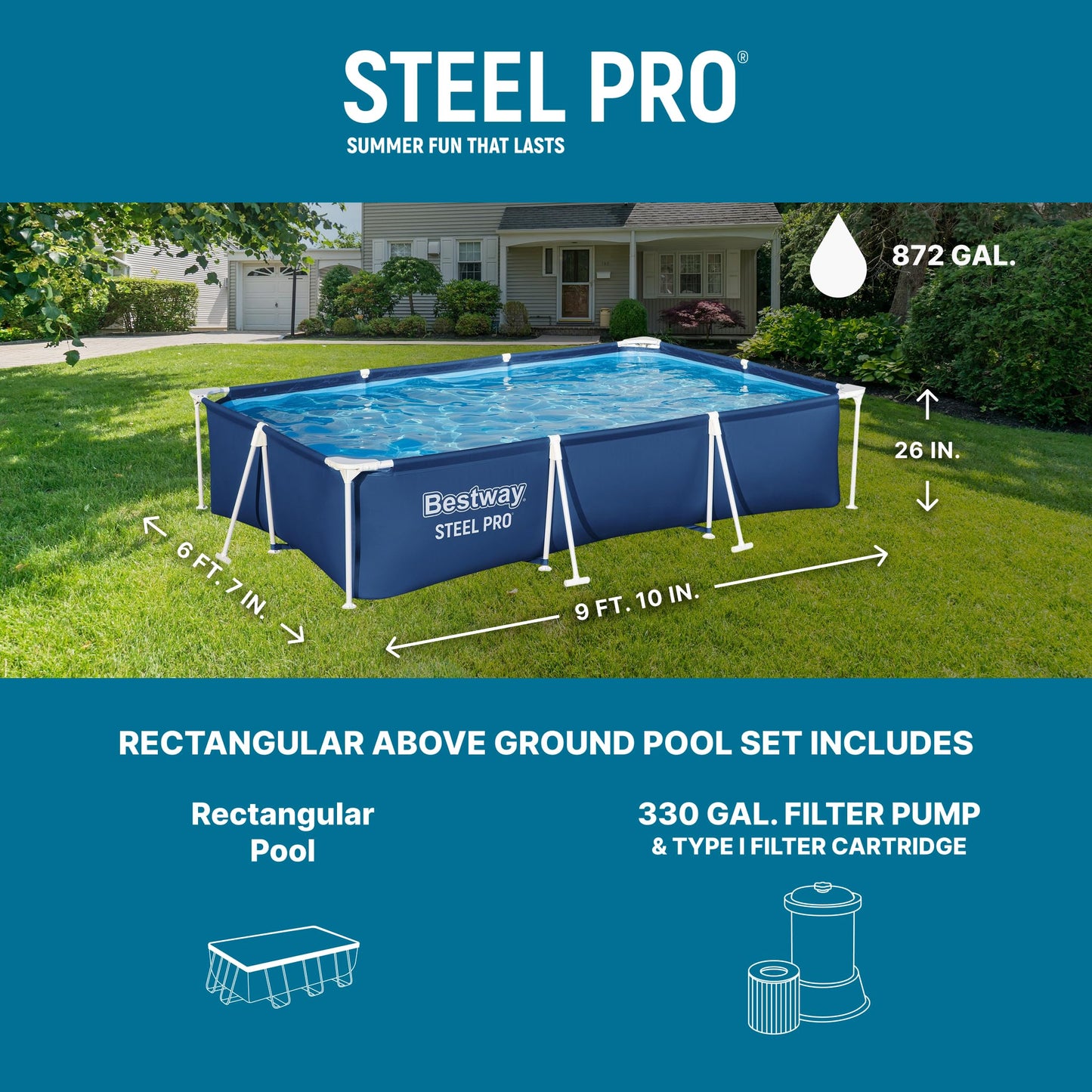 Bestway Steel Pro 9' 10" x 6' 7" x 26" Rectangular Above Ground Pool Set with 827 Gallon Capacity, DuraPlus Liner, and Flowclear 330 GPH Filter Pump