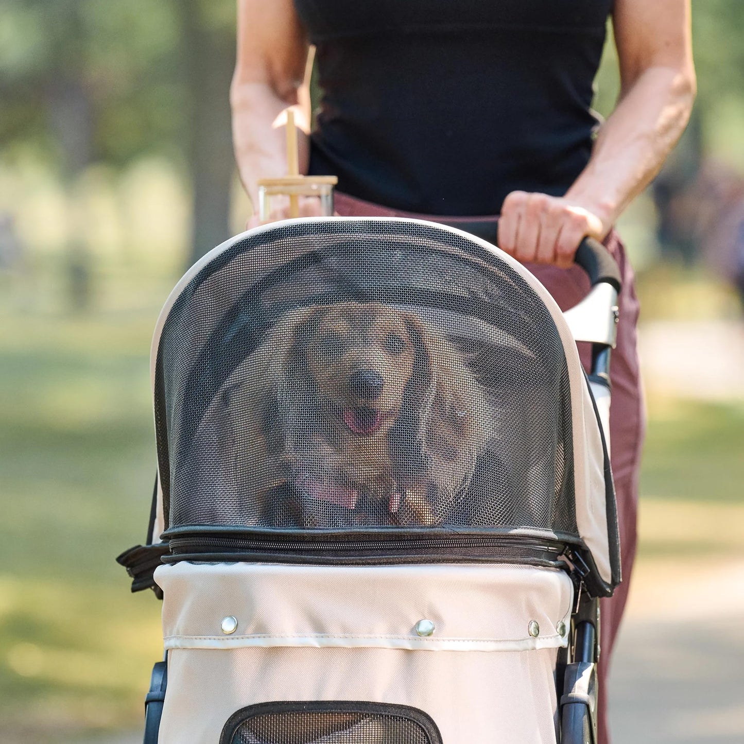Carlson Pet Products Stroller, Includes 360 Degree Front Wheel Swivel, Rear Wheel Breaks, Reflective Trim, Mesh Panels, Umbrella and Mesh Canopy, Khaki
