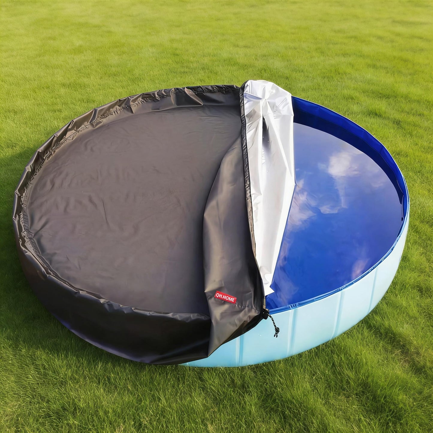 QH.HOME[2026 Upgrade 500D Thickened] 63-64 inch Kiddie Pool Cover Round, Collapsible Dog Pool Cover with Super Windproof Dual-Drawstring, Odorless Waterproof Fabric Material - Only Cover