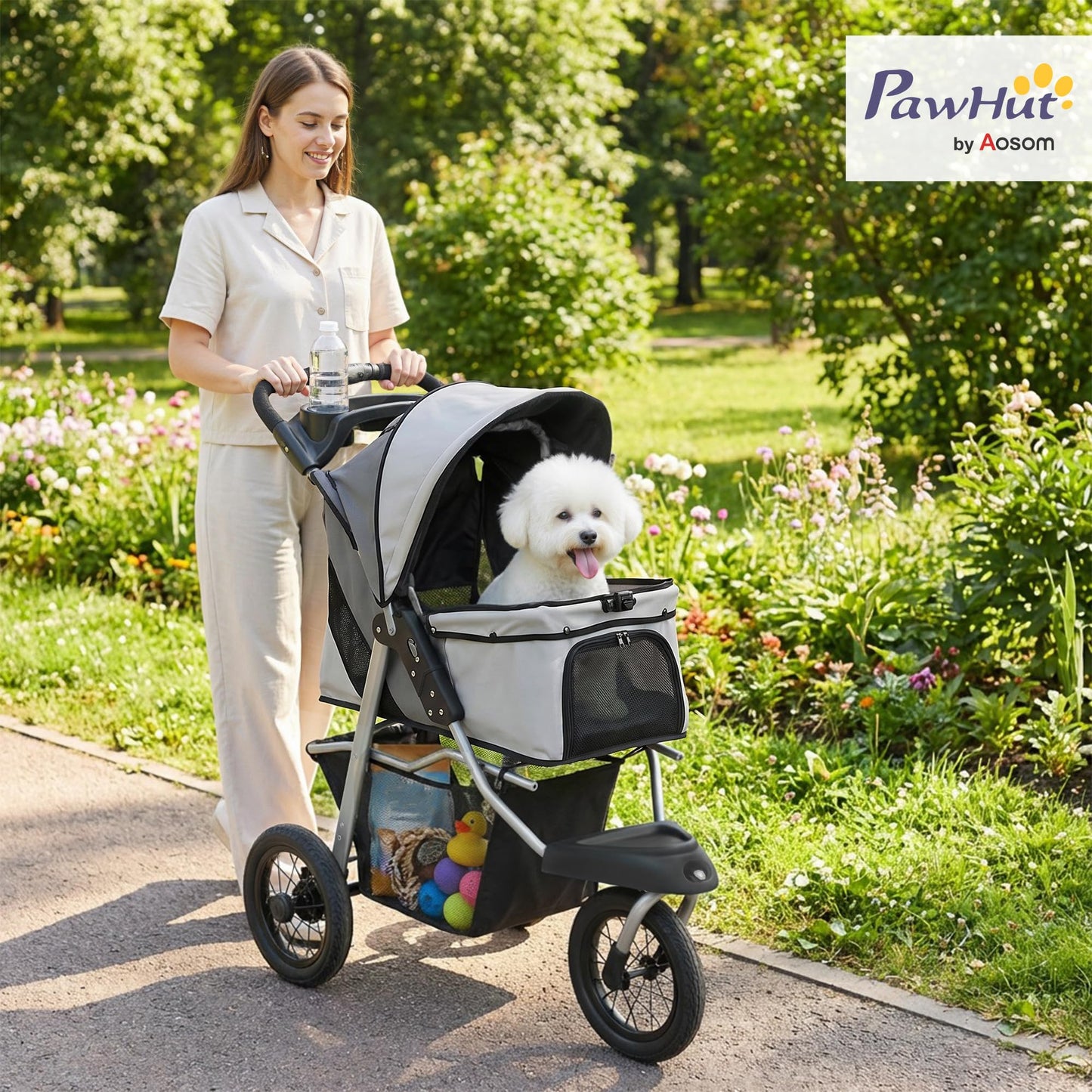 PawHut Dog Stroller for Small Dogs, 3 Wheel Foldable Pet Stroller with 12" Rubber Wheels, Mesh Window, One-Foot Brake, Storage Basket and Cup Holder, Up to 22 LBS, Light Gray