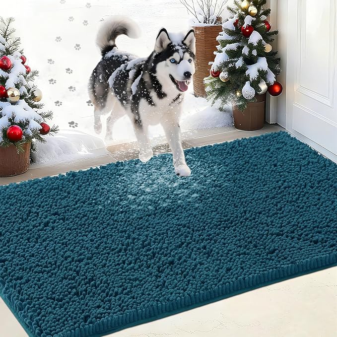 IM HOME Chenille Absorbent Outdoor Doormat 30" x 20", Washable Muddy Door Mats for Dog Non Slip Indoor Doormat Dog Mat for Muddy Paw Front Inside Doormats for Entryway Teal Blue