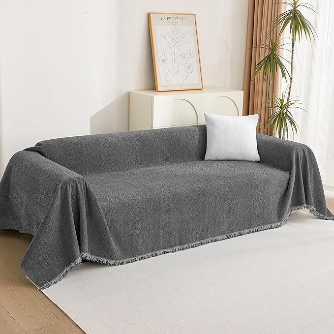 MYSKY HOME Boho Couch Cover Charcoal Gray Sofa Covers with Tassel Farmhouse Sofa Slipcover Simple Couch Protector for Dogs Chenille Sectional Couch Covers L Shaped Couch Cushion Covers, 91"x 134"