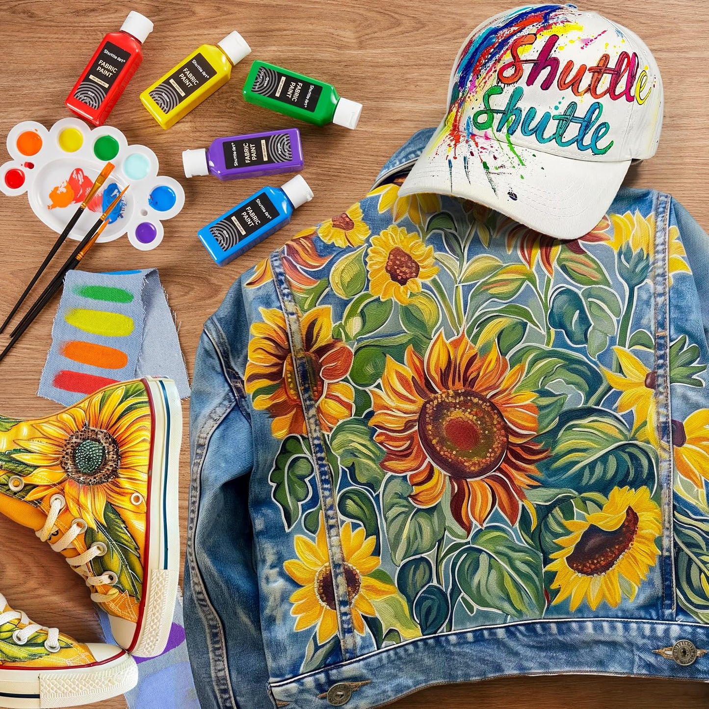 Shuttle Art Fabric Paint, 18 Colors Permanent Soft Fabric Paint in Bottles (60ml/2oz) with Brushes, Palette, Stencils, Non-Toxic Textile Paint for T-Shirts, Shoes, Jeans, Bags, DIY Projects&Art