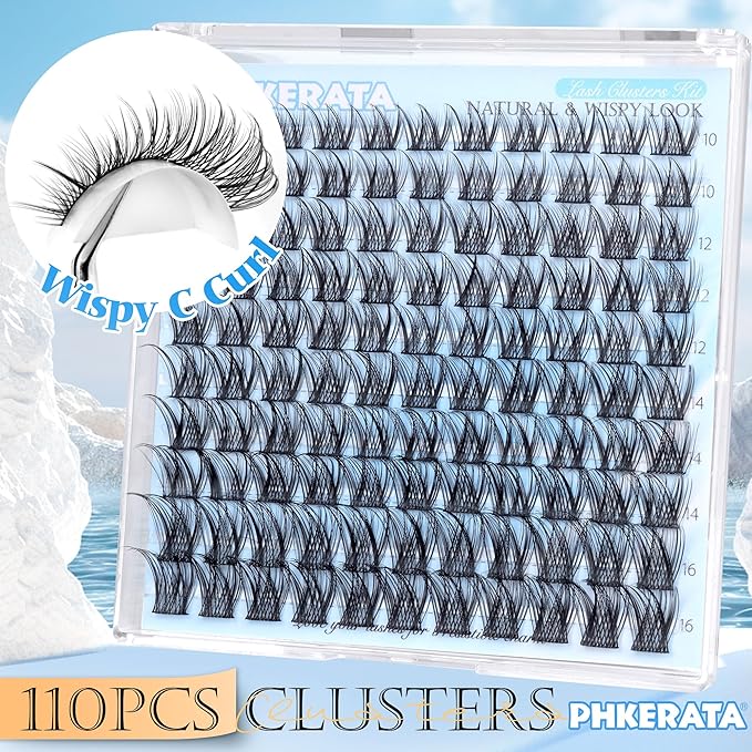 PHKERATA Natural Lash Clusters Wispy Eyelash Clusters, Eyelash Extensions C Curl Individual Lashes, Mix Length Natural Look Lashes with Thin Lash Band, 10-16mm, 110 pcs