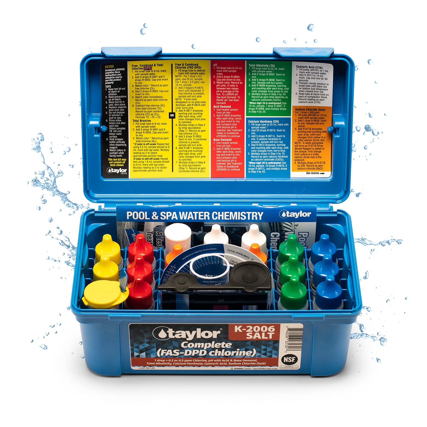 Taylor K-2006-SALT FAS-DPD, 9-in-1 Pool & Spa Test Kit, Free & Combined Chlorine, pH, Acid & Base Demand, Total Alkalinity, Calcium Hardness, Cyanuric Acid (CYA), and Chloride (Sodium Chloride).