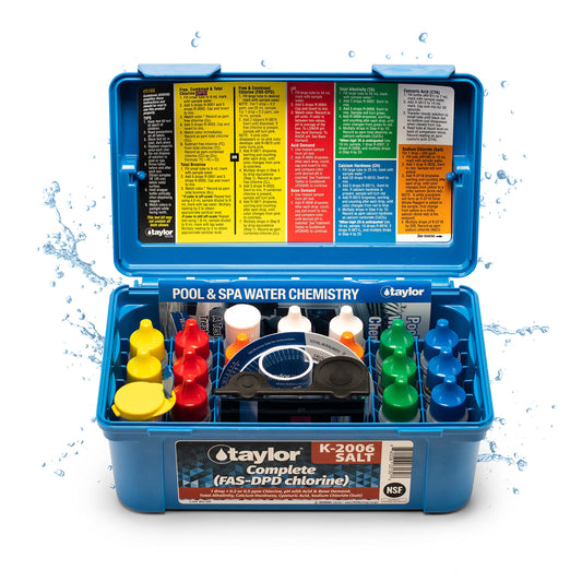 Taylor K-2006-SALT FAS-DPD, 9-in-1 Pool & Spa Test Kit, Free & Combined Chlorine, pH, Acid & Base Demand, Total Alkalinity, Calcium Hardness, Cyanuric Acid (CYA), and Chloride (Sodium Chloride).