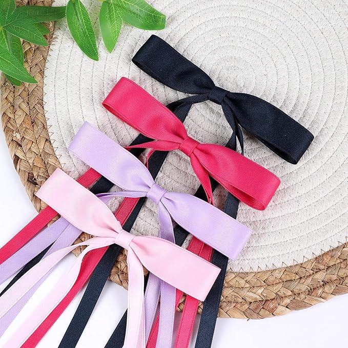 Hair Bows Clips Coquette Ribbon Bowknot with Long Tail Princess Hair Bows French Barrettes Hair Accessories for Women Girls 16PCS (Rose red, Dark Blue, Purple, Pink)