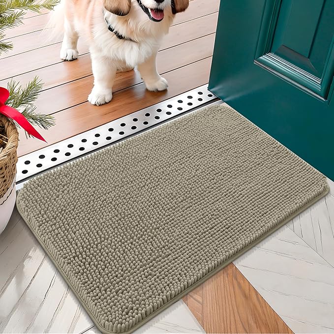 OLANLY Dog Door Mat for Muddy Paws 30x17, Absorbs Moisture and Dirt, Absorbent Non-Slip Washable Doormat, Quick Dry Chenille Mud Mat, Entry Indoor Entryway Carpet for Inside Floor, Warm Taupe