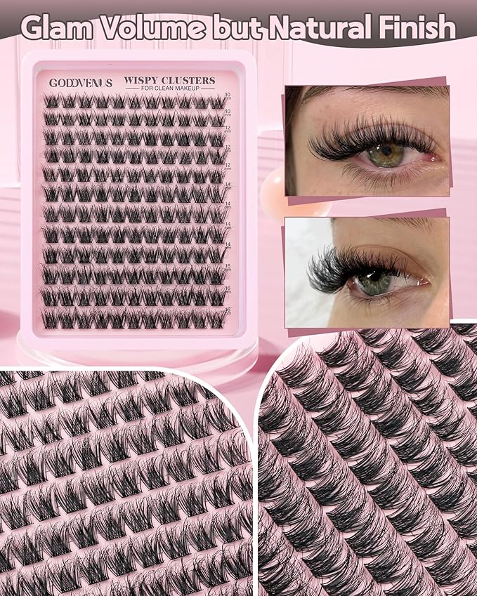 Goddvenus Wispy Lash Clusters Natural Eyelashes Cluster Fluffy Lashes Clusters CD Curl Cluster Eyelash Extensions DIY Individual Lashes Extension (10-16mm 132pcs)