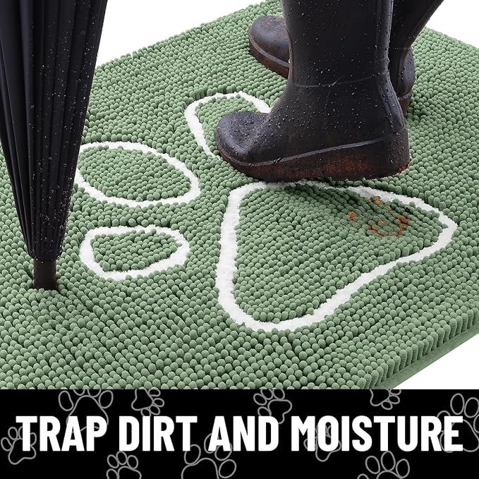 Smiry Dog Door Mat for Muddy Paws, Absorbent Dirt Trapper Non Slip Quick Dry Washable Chenille Mat for Mud Dogs, Entry Rug for Indoor and Outdoor (40x32 Inches, Olive Green and White)
