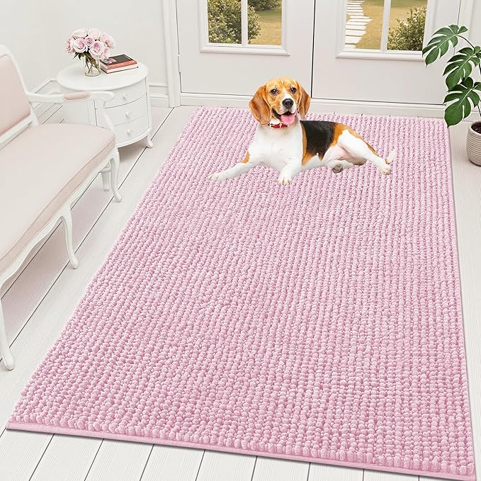 OLANLY Dog Door Mat for Muddy Paws 59x35, Ultra Absorbent Chenille Mud Doormat, Non-Slip Washable and Dirt Trapping Doormat for Indoor Entryway, Quick-Dry Indoor Pet Bed Mats for Dogs, Dusty Rose