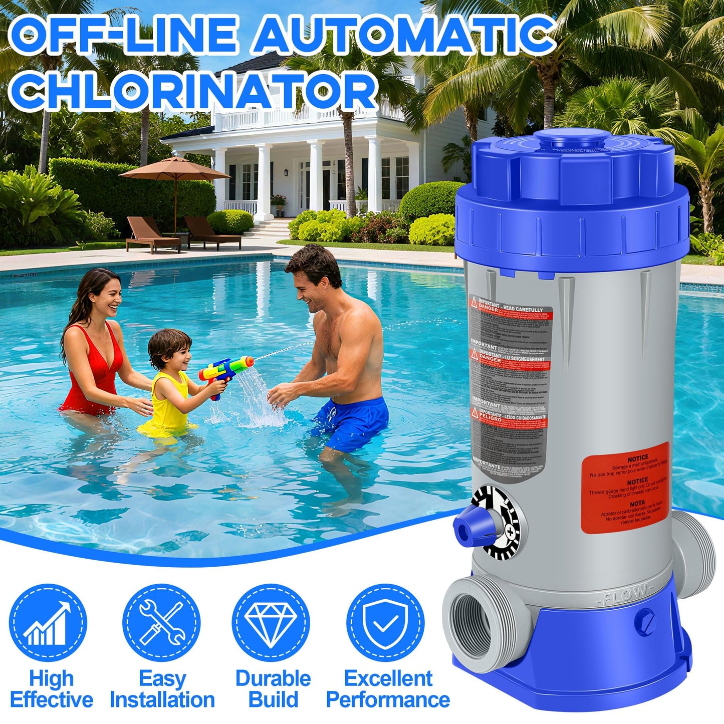 SeaSlep Off-Line Automatic Pool Chlorinator with Adjustable Output, Automatic Chlorine Feeder with 9.0 Lbs Capacity,Easy to Install Off Line Chlorinator for Inground Pool,Compatible with Hayward(Blue)