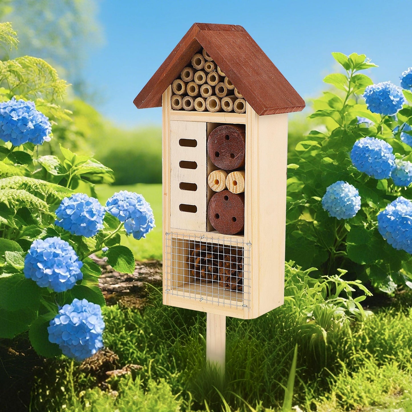 Lulu Home Wooden Insect House with Stake, Hanging & Inserting Two Mount Ways Insect Hotel for Bee, Butterfly, Ladybirds, Beneficial Insect Habitat, Bug Hotel Garden, 19.7 X 3.4 X 5.4 Inch
