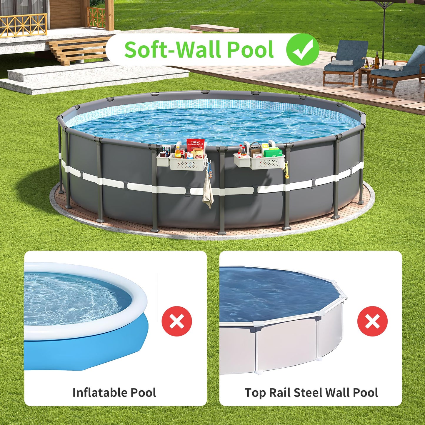 AquaJoyer 2 Sets of Poolside Storage Baskets with Cup Holders - Perfect for 3-Inch or Smaller Top Rails - Above Ground Pool Accessories - Fit for Most Above Ground Pool（Grey）