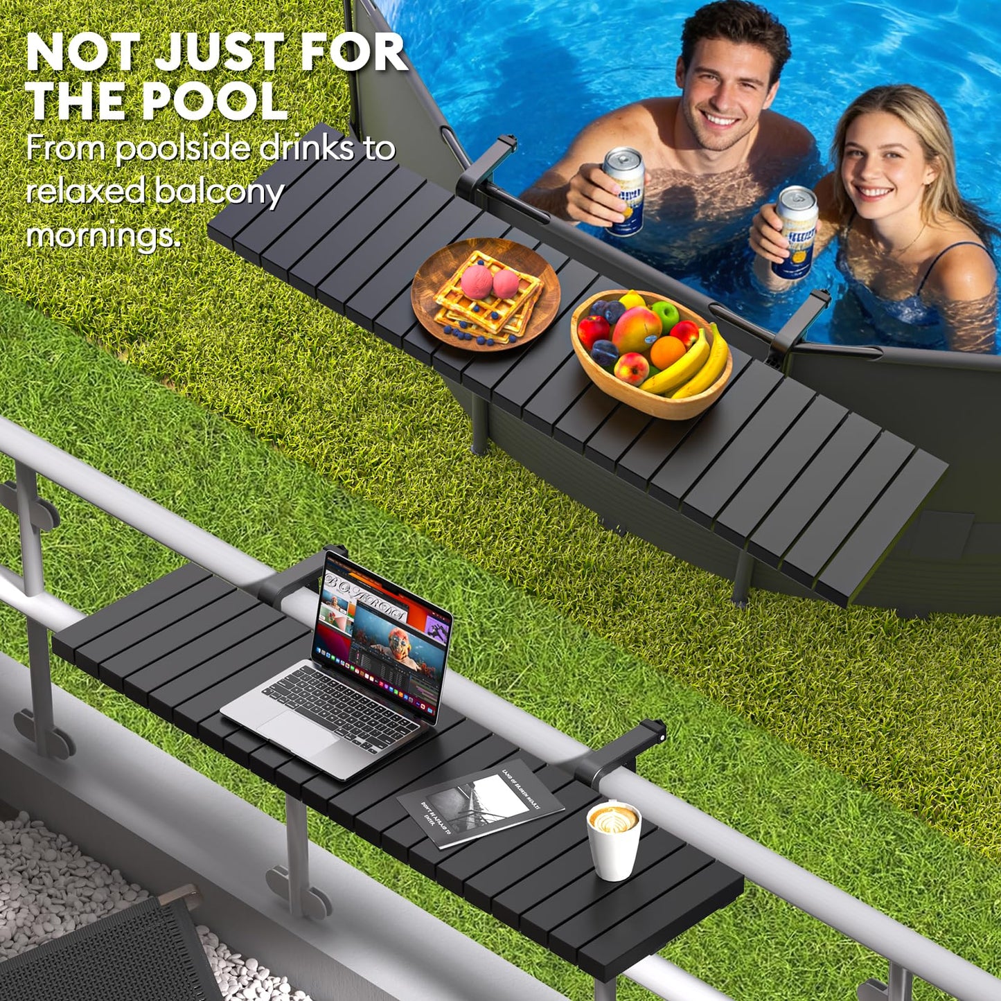 Pool Bar for Above Ground Pools, Stable Poolside Drink & Snack Table Supports Up to 110 lbs, Large Heavy-Duty Metal Poolside Bar Fits ≤4.4” Rails for Framed Round & Oval Pools, Ideal for Pool Parties