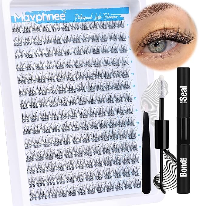 Natural Cluster Lashes Kit 168 Pcs Wispy Lash Extensions CC-Curly 9-11MM Mixed Lengths Eyelash Extension Individual Kit with Lashes Bond and Seal and Tweezers DIY at Home by Mavphnee
