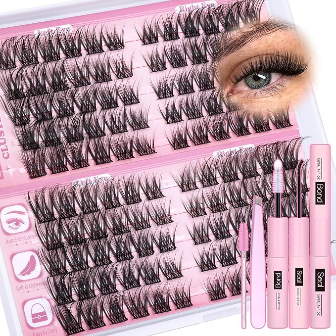 Lash Clusters Kit Wispy Cluster Eyelash Extensions Kit Natural Eyelash Clusters with Lash Bond and Seal Waterproof Tweezers 11-16mm C-Curly Individual Lashes 120pcs DIY Lash Extension Kit by Eefofnn