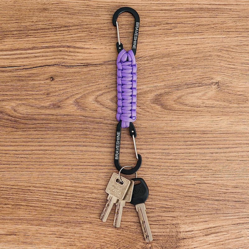 BRAVESHINE Carabiner Keychain Hook with Paracord Strap - 1 Purple 1 Green D Ring Key Clips Para Cord Lanyard Hanger Stroller Hooks for Water Bottle, Belt Loop Keys, Backpacks, Boys, Girls, Men, Women