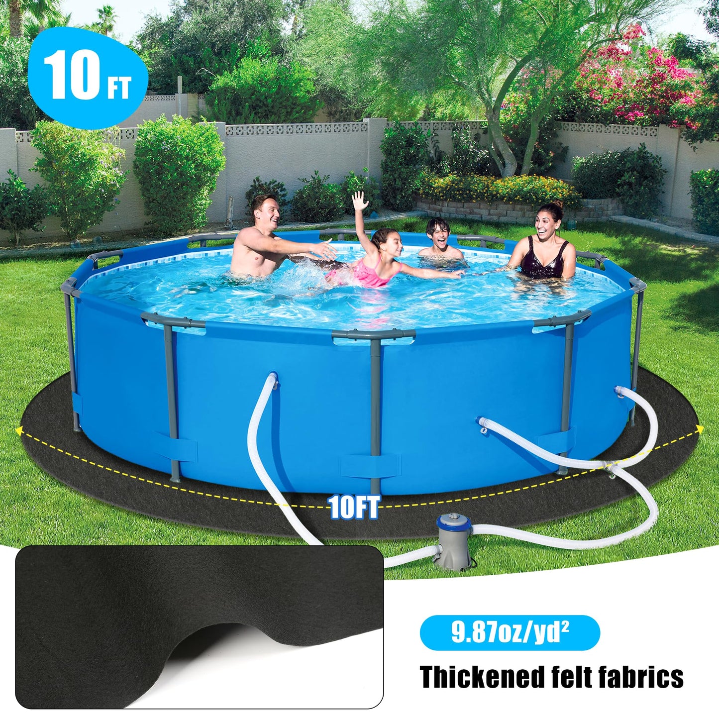 Whmayai 10ft Round Pool Liner Pad, 280g/㎡ Thickened Heavy Duty Above Ground Swimming Pool Ground Cloth, Under Pool Mat Protector for Bottom, Extend Liner Life