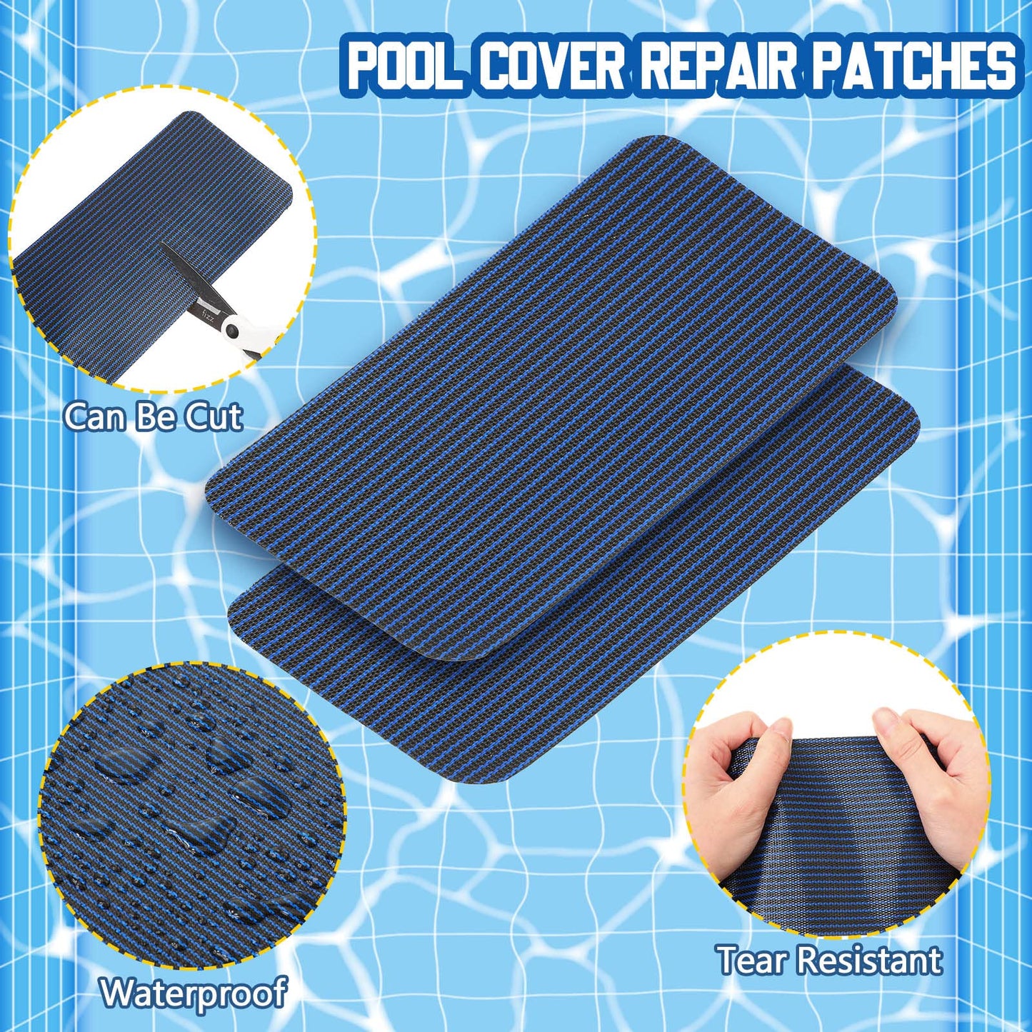 Treela 6 Pcs Pool Safety Cover Patch Kit Repair Kit Blue Swimming Pool Patch Repair Mesh Self Adhesive Mesh Inground Saver Pond Covers (4 x 8 Inch)