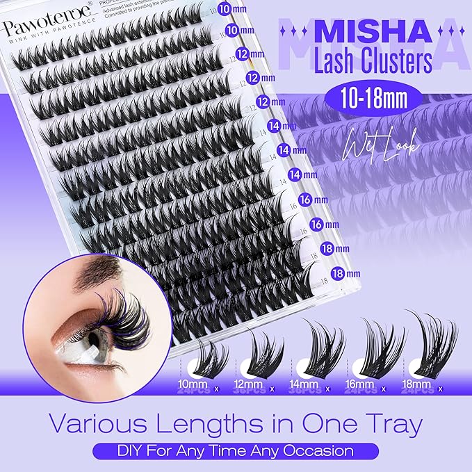 Pawotence Lash Clusters Kit Misha 10-18mm Cluster Lashes Extension Kit 144pcs Eyelash Clusters Wet Look Wispy Lashes Cluster Eyelash Extensions with Waterproof Lash Bond and Seal, Remover, Applicator
