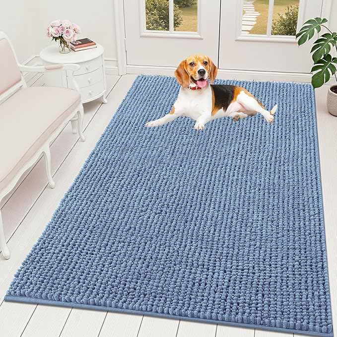 OLANLY Dog Door Mat for Muddy Paws 59x35, Ultra Absorbent Chenille Mud Doormat, Non-Slip Washable and Dirt Trapping Doormat for Indoor Entryway, Quick-Dry Indoor Pet Bed Mats for Dogs, Airy Blue