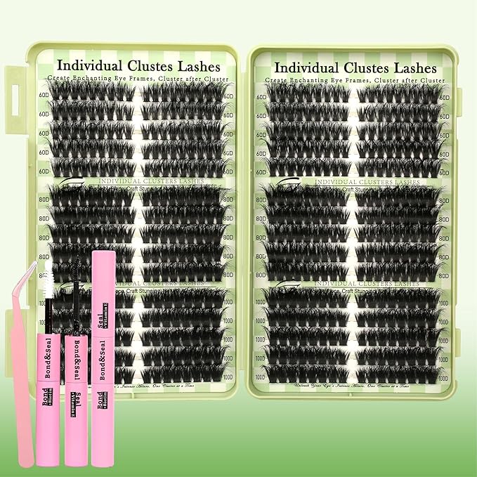 Lash Clusters Kit Natural Cat Eye D Curl Lash Clusters 520Pcs DIY Individual Lashes Clusters Lash Extension Kit Thin Band Wispy Eyelash Clusters Lash Bond and Seal Lash Tweezers