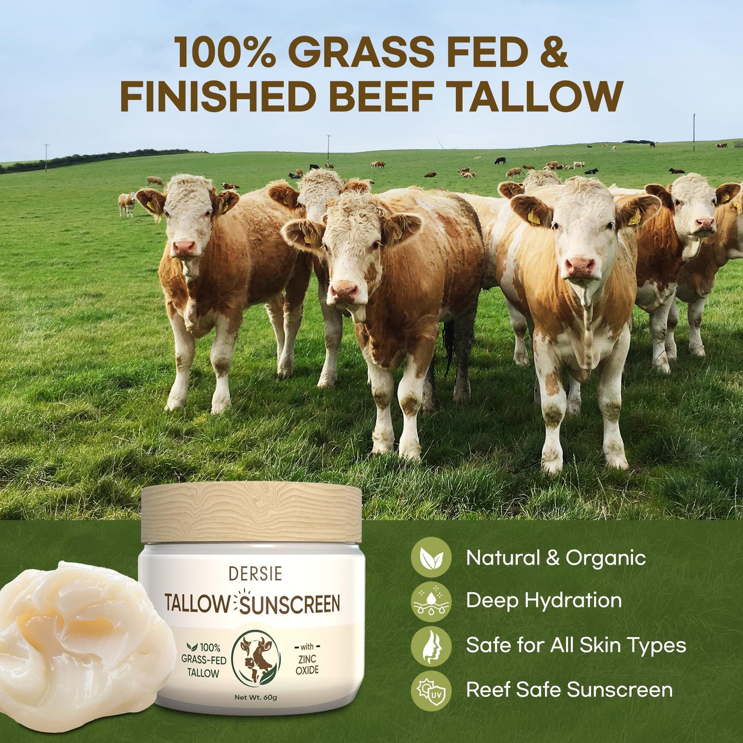 Dersie Tallow Sunscreen SPF 50 – Mineral UV Defense with Non-Nano Zinc Oxide – Face & Body Sun Protection for Adults & Kids – with 100% Grass-Fed Beef Tallow for Skin Comfort (2.1 oz)