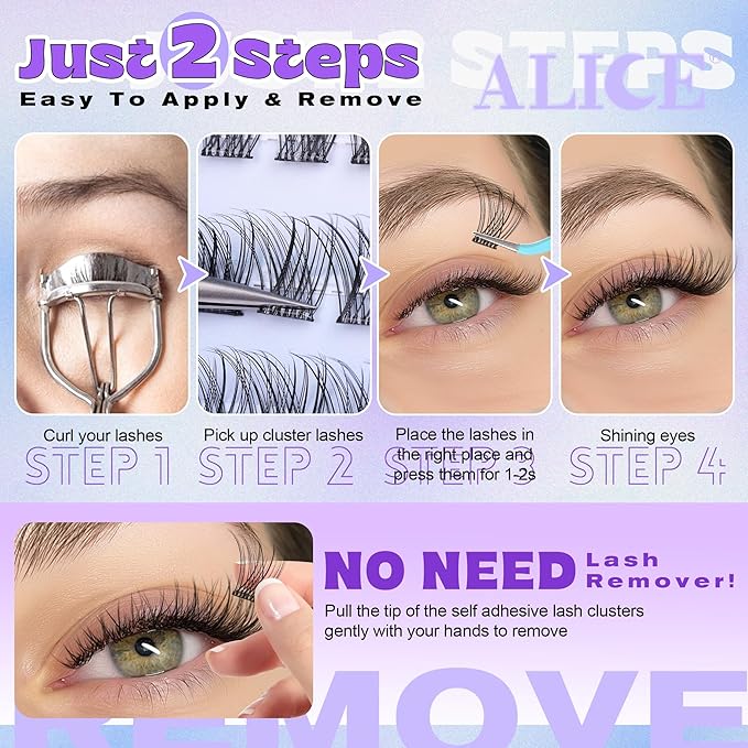 Self Adhesive Eyelashes Reusable Natural Self Adhesive Lash Clusters Wispy Press on Lashes Pre-Glue 8-12mm 120pcs C Curl DIY Eyelash Extensions Kit No Glue Needed by ALICE