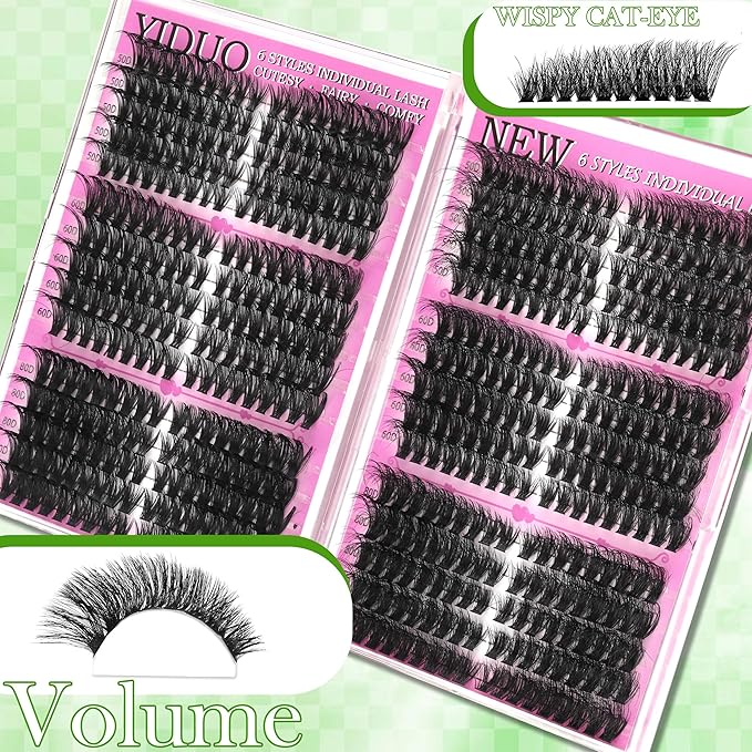YIDUO 6 Box Mix Lashes Clusters Kit Gift Packs 1686Pcs with 2X Bond&Seal Volume Mega/Bottom Soft Extension False Eyelash Wispy Natural DIY Individual Clusters Lash Kit for Beginners Bulk Pack