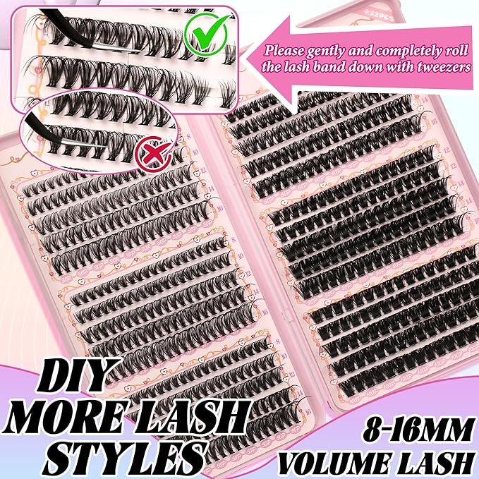 Lash Clusters Fluffy DIY Lash Clusters Kit Volume Lash Extension Kit 570Pcs Individual Lashes Clusters Thin Band Eyelash Extension Kit Lash Bond and Seal Lash Tweezers