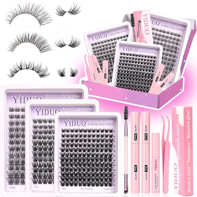 YlDUO 3 Style Lash Clusters Kit Wispy Clusters Eyelash Extensions Kit 10-18mm Individual Lashes Extension, DIY Natural Soft Thin Band Fake Eyelash Kit with Bond and Seal*2|Tweezers|Removers
