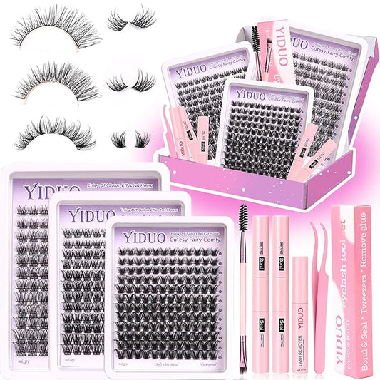 YlDUO 3 Style Lash Clusters Kit Wispy Clusters Eyelash Extensions Kit 10-18mm Individual Lashes Extension, DIY Natural Soft Thin Band Fake Eyelash Kit with Bond and Seal*2|Tweezers|Removers